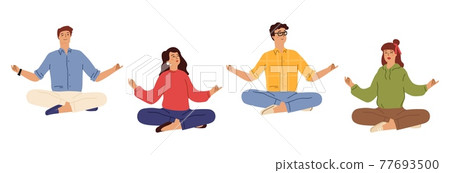 Business people meditation. Happy men women in casual wear meditating. Relaxed concept, office free time. Save balance in life vector characters 77693500