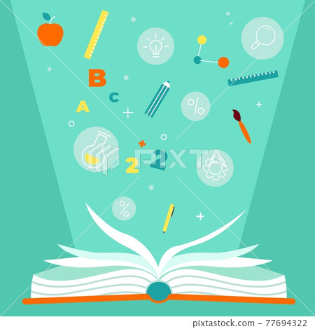 Educational book. Open textbook with education items, numbers stationery and formulas, encyclopedia with white paper sheets, red books, literature in library, knowledge symbol vector concept 77694322