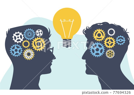 Collective mind. Brainstorming concept. Silhouettes of heads with gears and light bulb. Success in group thinking. Idea generation process. Vector teamwork for invention and education Collective mind. Brainstorming concept. Silhouettes of heads with gears and light bulb. Success in group thinking. Idea generation process. Vector teamwork for invention and education 77694326