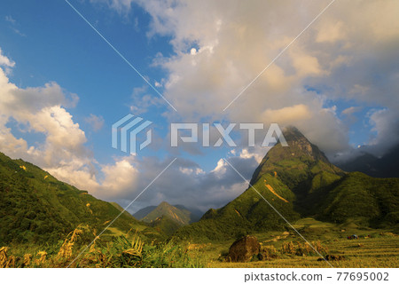 Beautiful landscape mountain green field grass meadow white cloud blue sky on sunny day. Majestic green scenery big mountain hill cloudscape valley panorama view in countryside greenery pasture 77695002