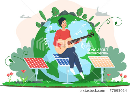 Man is playing guitar sitting on solar panel. Guy singing songs about green ecosystem of planet Man is playing guitar sitting on solar panel. Guy singing songs about green ecosystem of planet 77695014