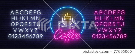 Coffee neon sign on brick wall background. Coffee neon sign on brick wall background. 77695060