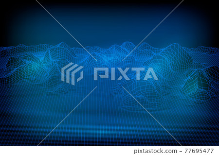 Abstract vector wireframe landscape background. 3D futuristic mesh mountains. 80s Retro illustration. Cyberspace technology valleys. 77695477