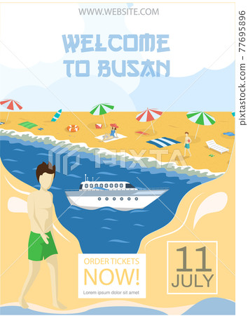 Welcome to Busan tourist travel promotion poster with sunny beach and sea walk, summer tourism 77695896