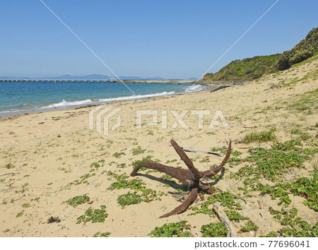 Rusted iron anchors washed up on the shore 77696041
