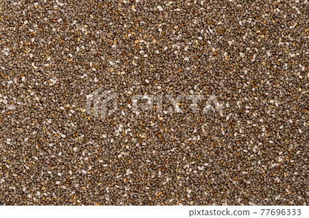 Chia seeds, background, from above. Fruits of Salvia hispanica. Oval and gray fruits with black and white spots, very hygroscopic, giving foods a distinctive gel structure. Backdrop. Macro food photo. Chia seeds, background, from above. Fruits of Salvia hispanica. Oval and gray fruits with black and white spots, very hygroscopic, giving foods a distinctive gel structure. Backdrop. Macro food photo. 77696333