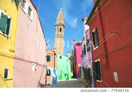 Venice Burano Alley and Church of San Martino Venice Burano Alley and Church of San Martino 77696516