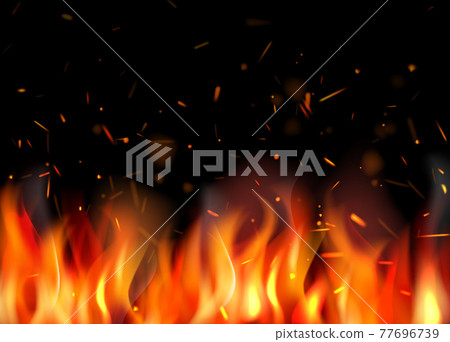 Fire background. Burning flame particles different glowing sparks decent vector illustrations fire place for relax time Fire background. Burning flame particles different glowing sparks decent vector illustrations fire place for relax time 77696739