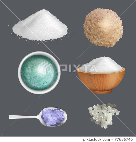 Salt realistic. Product ingredients for cuisine gourmet kitchen items for preparing food decent vector salt pictures set isolated Salt realistic. Product ingredients for cuisine gourmet kitchen items for preparing food decent vector salt pictures set isolated 77696740