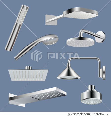 Shower realistic. Bathroom equipment steel shower heads with water drops hygiene washing items decent vector collection set Shower realistic. Bathroom equipment steel shower heads with water drops hygiene washing items decent vector collection set 77696757