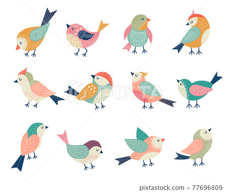 Flying birds. Decorative folk stylized illustrations of birds recent vector floral decor Flying birds. Decorative folk stylized illustrations of birds recent vector floral decor 77696809