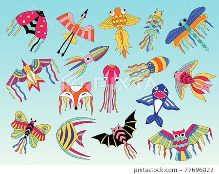 Kites animals. Flying colored kites for happy kids air attractions outdoor recent vector flat pictures Kites animals. Flying colored kites for happy kids air attractions outdoor recent vector flat pictures 77696822