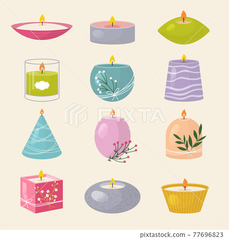 Aroma candles. Spa salon symbols styling decoration beeswax holiday light candles recent vector colored illustrations set Aroma candles. Spa salon symbols styling decoration beeswax holiday light candles recent vector colored illustrations set 77696823