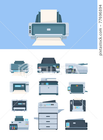 Printer. Inkjet office and industry machines terminal pc flat printers for print house garish vector illustrations Printer. Inkjet office and industry machines terminal pc flat printers for print house garish vector illustrations 77696894