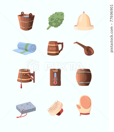 Russian sauna. Objects for bathing and relaxing broom hat spa items garish vector wooden sauna in cartoon style 77696901