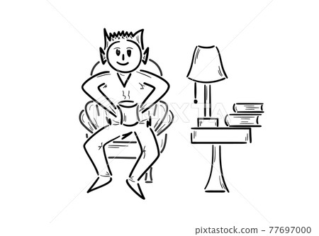 Man sitting in the chair with drink of hot tea. 77697000