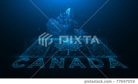Polygonal vector illustration of map and flag of Canada. Abstract banner or template made of dots and lines on a dark blue background. Digital design. Polygonal vector illustration of map and flag of Canada. Abstract banner or template made of dots and lines on a dark blue background. Digital design. 77697059