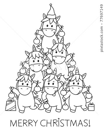 Vector funny unicorns holding baubles, black silhouette for coloring. Unicorn Christmas tree card. 77697149