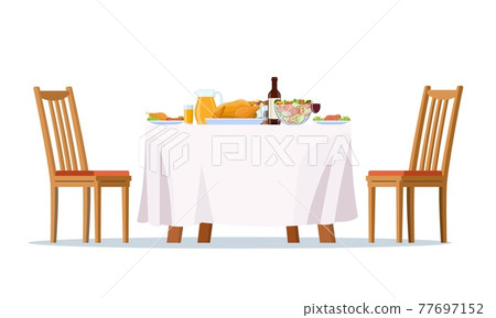Table laid, festive dinner food dishes, 77697152