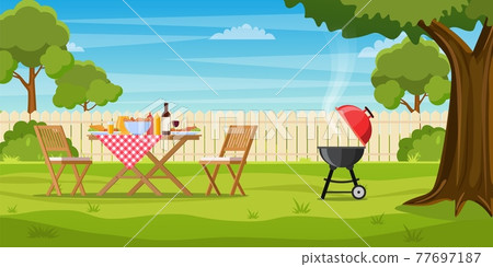 Barbecue party in the backyard with fence Barbecue party in the backyard with fence 77697187