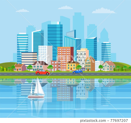 Landscape with buildings, mountains 77697207
