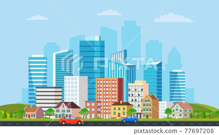 Landscape with buildings, mountains 77697208