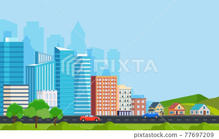 Landscape with buildings, mountains - Stock Illustration [77697209] - PIXTA