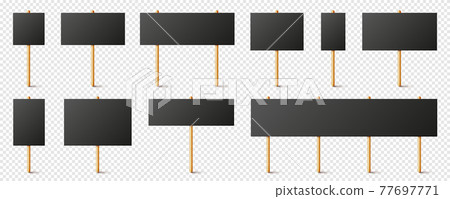 Blank black protest signs with wooden holder. Realistic vector demonstration banner. Strike action 77697771