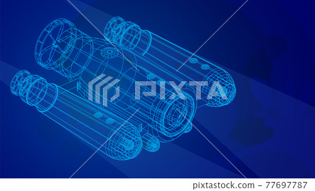 autonomous underwater robot drone for seabed exploration and deep sea video filming in wireframe low poly mesh on blue underwater background. 3d vector 77697787