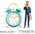 3D illustration of man talking on the phone and standing next to a huge vintage alarm clock.  77698076