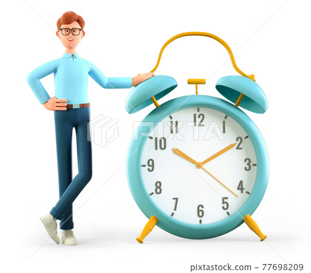 3D illustration of smiling man standing nearby a huge vintage alarm clock. 77698209