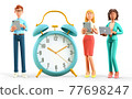 3D illustration of business people team standing nearby a huge vintage alarm clock.  77698247