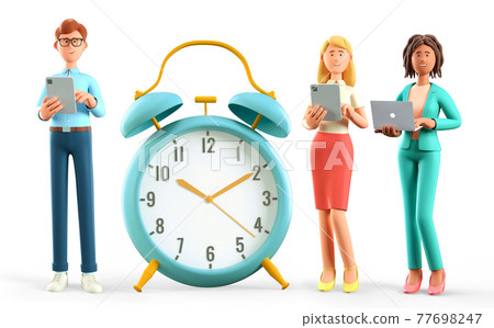 3D illustration of business people team standing nearby a huge vintage alarm clock. 3D illustration of business people team standing nearby a huge vintage alarm clock. 77698247