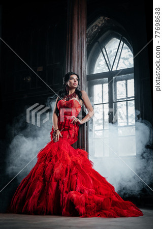 Woman Vintage Red Dress Old Castle Beautiful Princess In Seductive Dress Woman Vintage Red Dress Old Castle Beautiful Princess In Seductive Dress 77698688