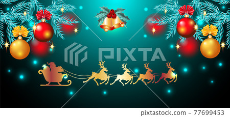 Christmas card with golden ringing bells and spruce with balls and reindeer team with Santa Claus in sledge in starry sky Christmas card with golden ringing bells and spruce with balls and reindeer team with Santa Claus in sledge in starry sky 77699453