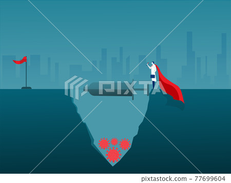 doctor take vaccine coronavirus for walking across mark to red flag in illustration vector. Problem solution crisis concept. doctor take vaccine coronavirus for walking across mark to red flag in illustration vector. Problem solution crisis concept. 77699604