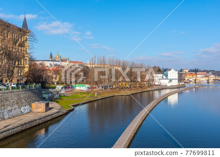 Prague cityscape with Vltava River Prague cityscape with Vltava River 77699811