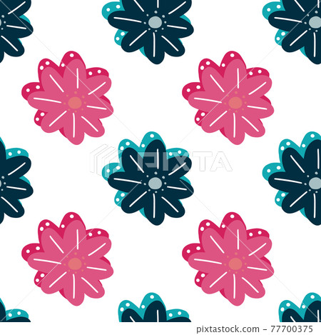 Summer isolated seamless pattern with navy blue and pink chamomile flowers print. White background. 77700375