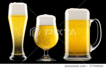 Set of fresh beer in different mugs with bubble froth isolated on black. Set of fresh beer in different mugs with bubble froth isolated on black. 77700692