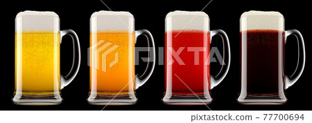 Set of glasses of fresh beer with bubble froth isolated on black background. Set of glasses of fresh beer with bubble froth isolated on black background. 77700694