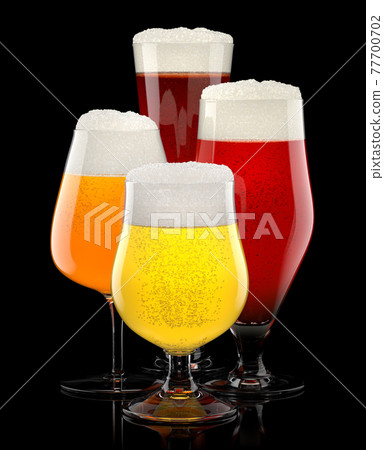 Set of fresh different beer glasses with bubble froth on black background. Set of fresh different beer glasses with bubble froth on black background. 77700702