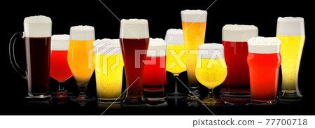 Set of fresh different beer glasses with bubble froth on black background. Set of fresh different beer glasses with bubble froth on black background. 77700718