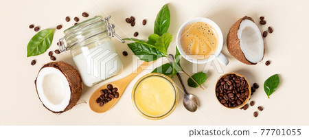 Ingredients for paleo style and ketogenic bulletproof coffee, , paleo, keto, ketogenic drink breakfast. 77701055