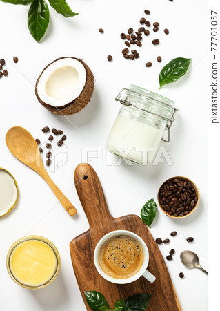 Ingredients for paleo style and ketogenic bulletproof coffee, , paleo, keto, ketogenic drink breakfast. 77701057