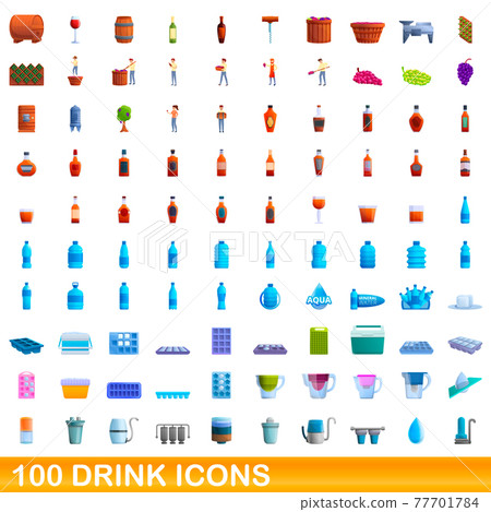 100 drink icons set, cartoon style 77701784