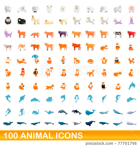 100 animal icons set, cartoon style 77701798