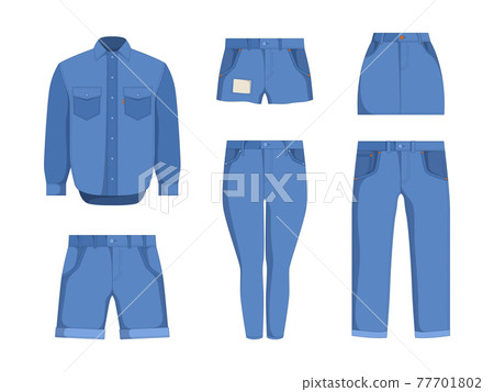 Denim clothes. Jeans textile pants jackets outfit fashion for male and female casually teenage clothes with labels garish vector illustrations set isolated 77701802
