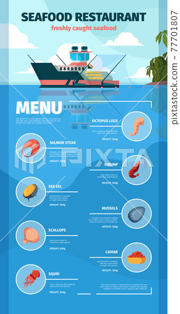 Seafood menu. Delicious exotic restaurant marine products fishes lobster oyster crab garish design templates with place for text 77701807