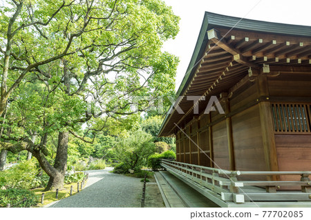 Jonangu Shrine, a Shinden-zukuri Kagura hall on the road leading to the dazzling green garden of Heian 77702085