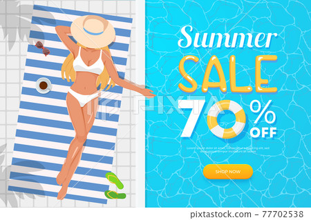 Blue summer sale banner. Top view on summer decoration with girl, pool and objects. Concept of seasonal vacation 77702538